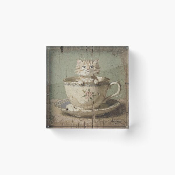 Item preview, Startled Cream Kitten Hiding in a Teacup Folk Art designed and sold by PictorialWhimsy.