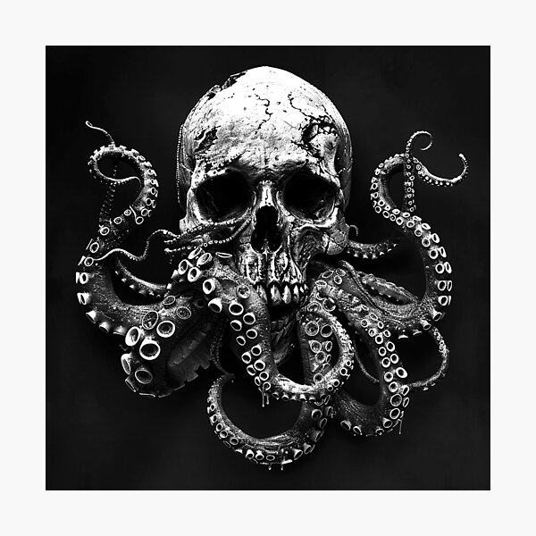 Item preview, Octopus Skull with Tentacles Black and White Gothic Kraken Horror Art Design designed and sold by inkoutninja.