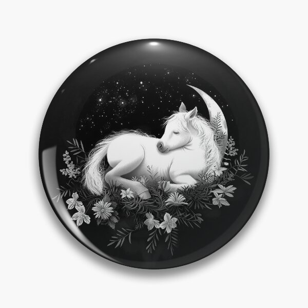 Item preview, Sleeping Foal Under Crescent Moon with Wildflowers Black and White Fantasy Art designed and sold by inkoutninja.
