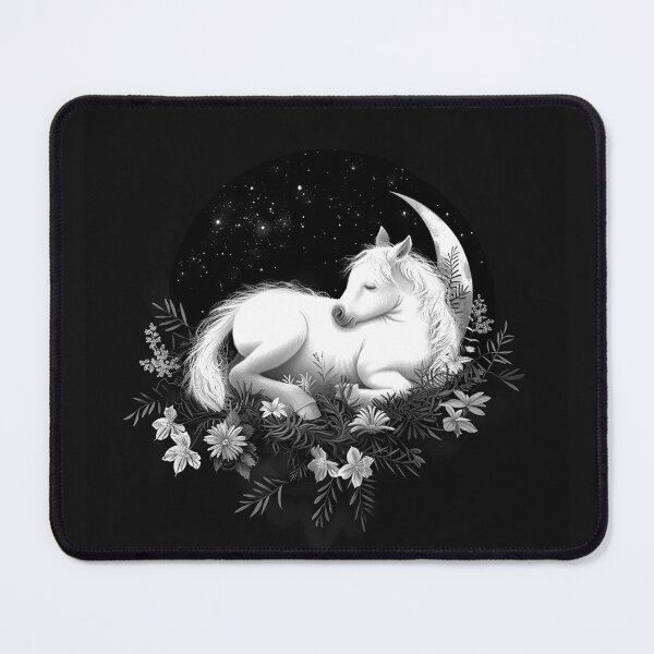 Item preview, Sleeping Foal Under Crescent Moon with Wildflowers Black and White Fantasy Art designed and sold by inkoutninja.
