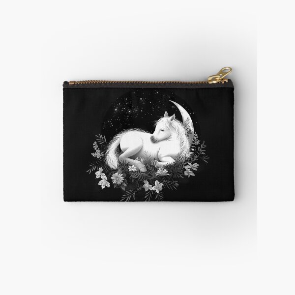 Item preview, Sleeping Foal Under Crescent Moon with Wildflowers Black and White Fantasy Art designed and sold by inkoutninja.