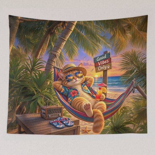 Item preview, Vacation Cat – Good Vibes Tropical Beach Sunset designed and sold by Ray's Photos & Art.