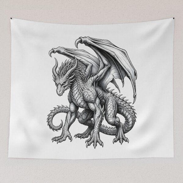 Item preview, Armored Horned Dragon – Medieval Blackwork Fantasy Dragon designed and sold by DragonSerpent Ink.