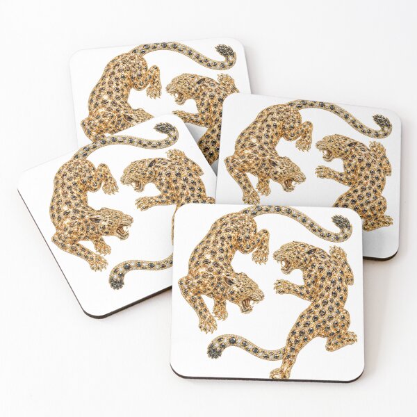 Item preview, Dual Leopards Whimsical Jeweled Crystal Panther Duo Luxury Gold and Black Diamond Big Cat Art designed and sold by Yellowriversss.