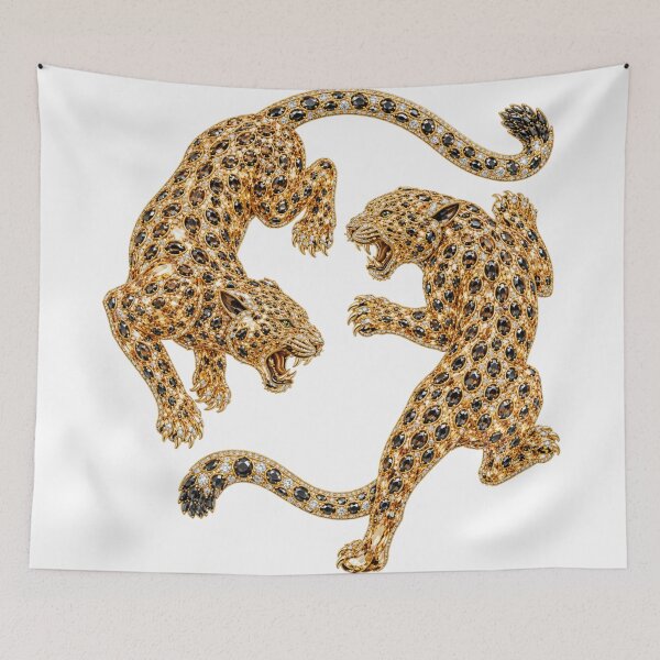 Item preview, Dual Leopards Whimsical Jeweled Crystal Panther Duo Luxury Gold and Black Diamond Big Cat Art designed and sold by Yellowriversss.
