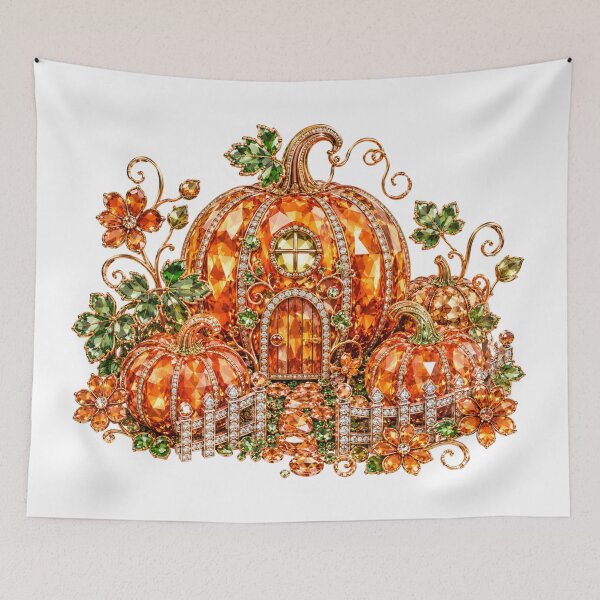 Item preview, Whimsical Jeweled Pumpkin Fairy House Crystal Pumpkin Cottage Enchanted Fairytale Fall Art designed and sold by Yellowriversss.