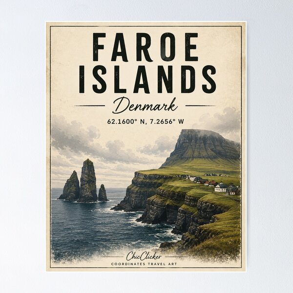 Item preview, Faroe Islands Vintage Travel Poster – Nordic Cliffs & Ocean designed and sold by ChicClicker.