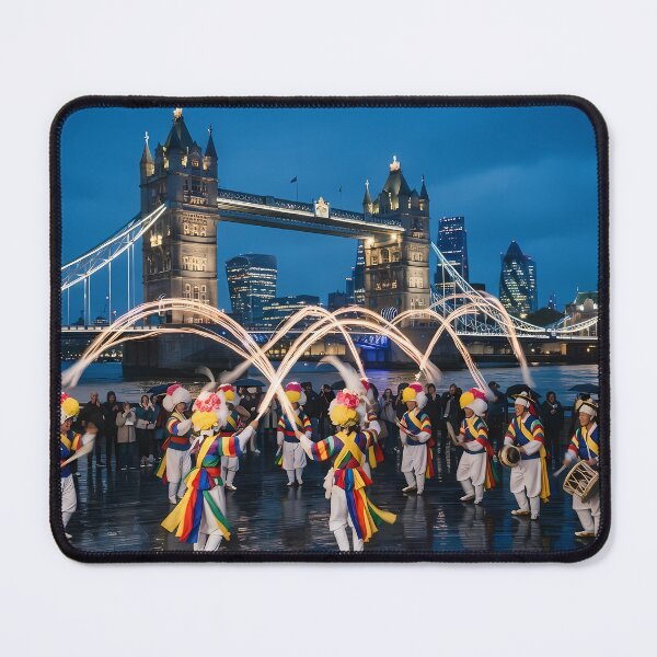 Item preview, Korean Traditional Pungmul Nori & Sangmo Fireworks at London Tower Bridge Night Art Print, Cultural Fusion Design designed and sold by SOOstudio73.