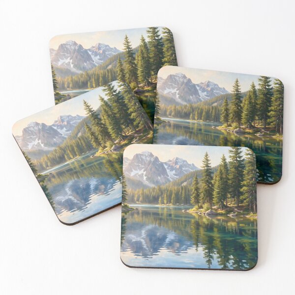 Item preview, Mountain Lake Pine Forest Reflection Painting designed and sold by ArtAmbience.