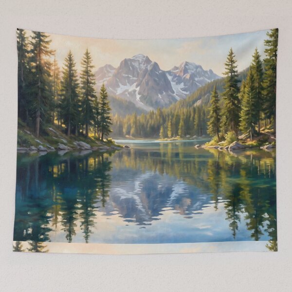 Item preview, Mountain Lake Pine Forest Reflection Painting designed and sold by ArtAmbience.