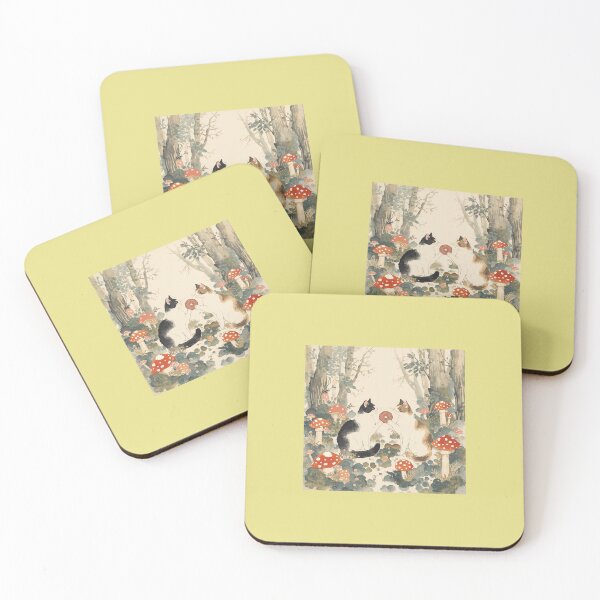 Item preview, Two Cats Sharing a Donut — Nihonga Mushroom Forest Art designed and sold by derideriworks.