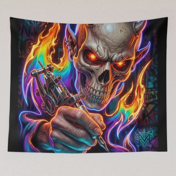 Item preview, Fiery Skull Holding Tattoo Machine designed and sold by kiwiartyfarty.