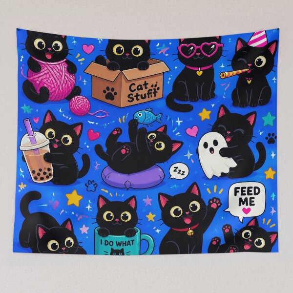 Item preview, Cute Black Cat Adventures – Funny Kawaii Cat Pattern designed and sold by IMuDesigner.
