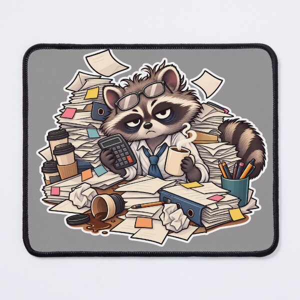 Item preview, Funny tired raccoon accountant sticker working at office desk with piles of papers and coffee designed and sold by aleano2026.