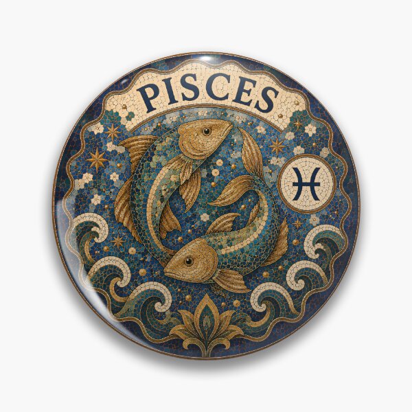 Item preview, Pisces Zodiac Mosaic Emblem With Two Fish Astrology Symbol, Ornate Blue And Gold Tile Art designed and sold by portokalis.