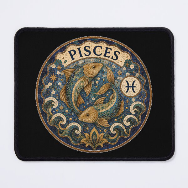 Item preview, Pisces Zodiac Mosaic Emblem With Two Fish Astrology Symbol, Ornate Blue And Gold Tile Art designed and sold by portokalis.