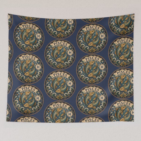 Item preview, Pisces Zodiac Mosaic Emblem With Two Fish Astrology Symbol, Ornate Blue And Gold Tile Art designed and sold by portokalis.