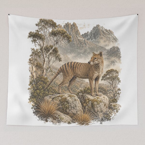 Item preview, Tasmanian Tiger Thylacine Extinct Cradle Mountain Tasmania Vintage Tassie Tiger Art designed and sold by Yellowriversss.