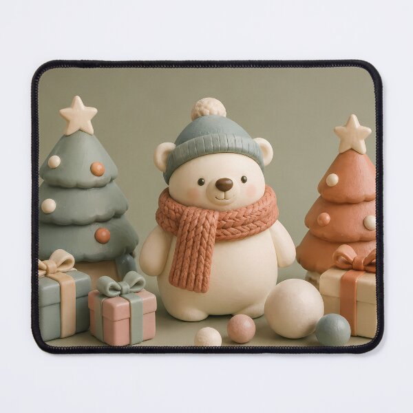 Item preview, Cute Christmas polar bear figurine in knitted hat and scarf with clay Christmas trees and gifts designed and sold by aleano2026.