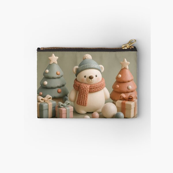 Item preview, Cute Christmas polar bear figurine in knitted hat and scarf with clay Christmas trees and gifts designed and sold by aleano2026.