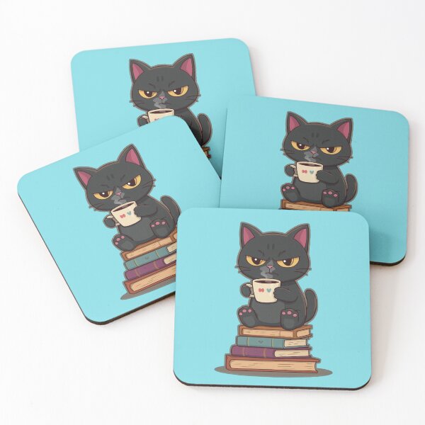 Item preview, Grumpy Black Cat Drinking Coffee on Books designed and sold by NovaPrintLab92.