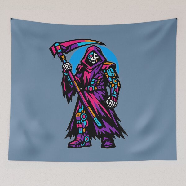 Item preview, Cyberpunk Grim Reaper – Cyborg Skeleton with Neon Scythe designed and sold by KungPowUnicorn.