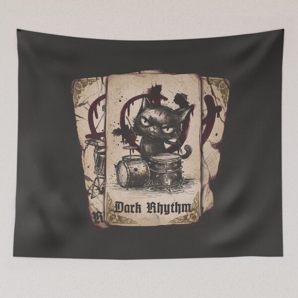 Item preview, Punk Dark Rhythm Drum Cat Special Edition for Dark Textiles designed and sold by Shyla Marsare.