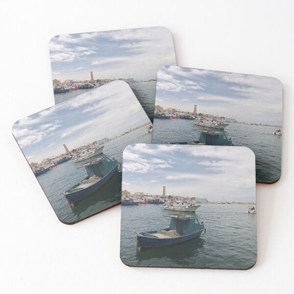 Item preview, Charming Historic Harbor of Monopoli - Rustic Blue Fishing Boat & Town Skyline designed and sold by EpicVistas.