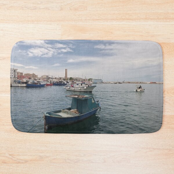 Item preview, Charming Historic Harbor of Monopoli - Rustic Blue Fishing Boat & Town Skyline designed and sold by EpicVistas.