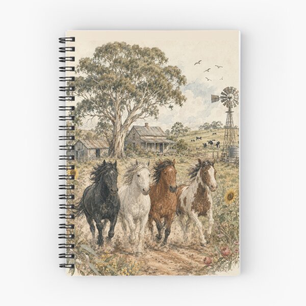 Item preview, Four Brumbies Run Australian Farm Homestead Country Farm Girl Wild Horses Art designed and sold by Yellowriversss.