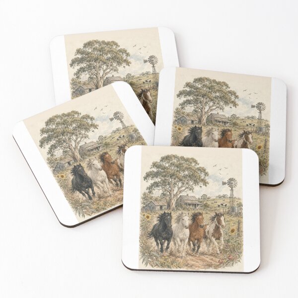 Item preview, Four Brumbies Run Australian Farm Homestead Country Farm Girl Wild Horses Art designed and sold by Yellowriversss.