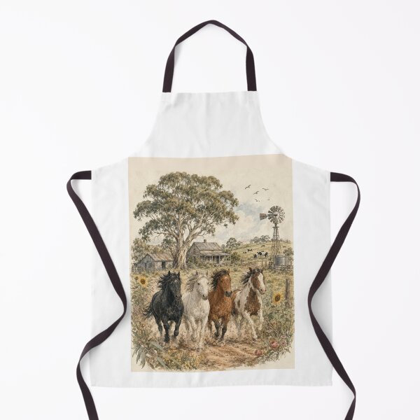 Item preview, Four Brumbies Run Australian Farm Homestead Country Farm Girl Wild Horses Art designed and sold by Yellowriversss.