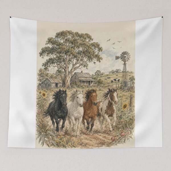 Item preview, Four Brumbies Run Australian Farm Homestead Country Farm Girl Wild Horses Art designed and sold by Yellowriversss.