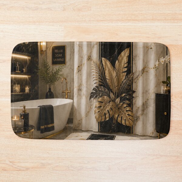 Item preview, Luxury Black Gold Marble Botanical Shower Curtain & Bath Mat designed and sold by StickyStick Studio.