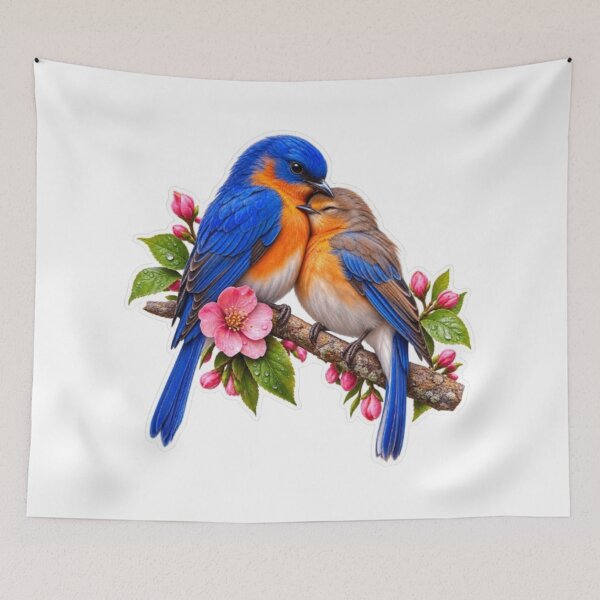 Item preview, Cuddling Eastern Bluebirds on Cherry Blossom Branch designed and sold by Snurly.