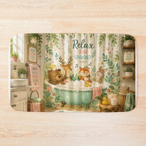 Item preview, Woodland Animal Spa Shower Curtain & Bath Mat designed and sold by StickyStick Studio.