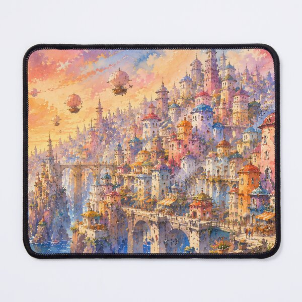 Item preview, Whimsical Sunset Sky City - Airships And Colorful Fantasy Towers Watercolor designed and sold by Jozefin's Studio.