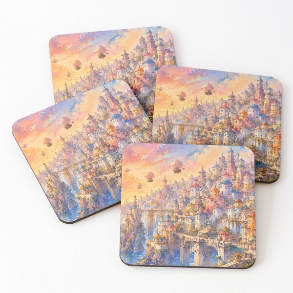 Item preview, Whimsical Sunset Sky City - Airships And Colorful Fantasy Towers Watercolor designed and sold by Jozefin's Studio.