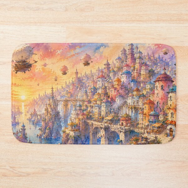 Item preview, Whimsical Sunset Sky City - Airships And Colorful Fantasy Towers Watercolor designed and sold by Jozefin's Studio.