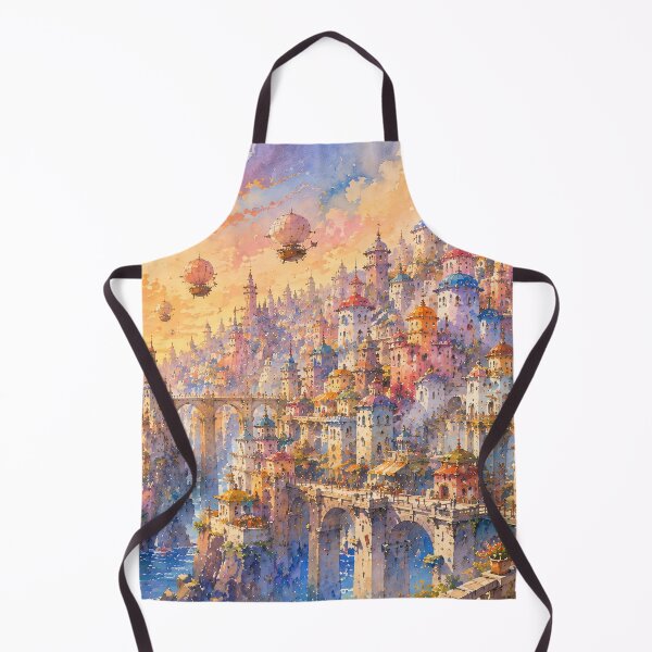 Item preview, Whimsical Sunset Sky City - Airships And Colorful Fantasy Towers Watercolor designed and sold by Jozefin's Studio.