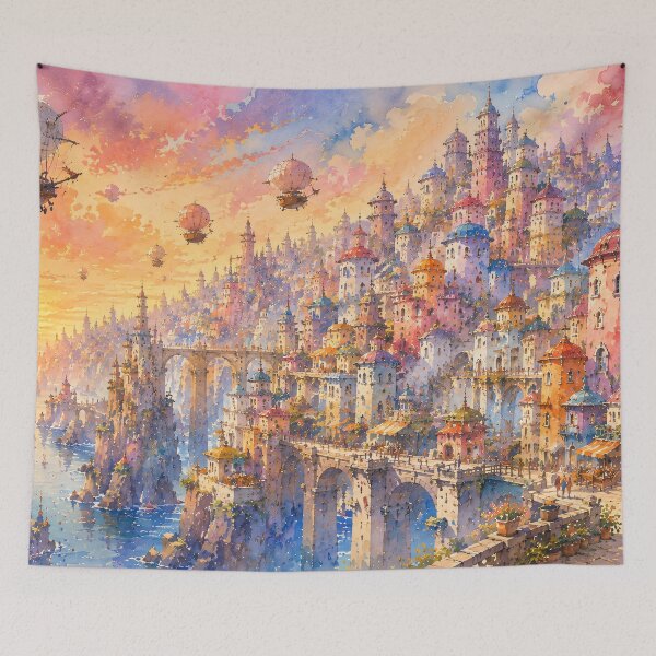 Item preview, Whimsical Sunset Sky City - Airships And Colorful Fantasy Towers Watercolor designed and sold by Jozefin's Studio.