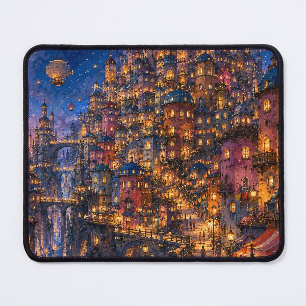Item preview, Whimsical Night Fantasy City - Glowing Towers And Starry Sky With Airships designed and sold by Jozefin's Studio.