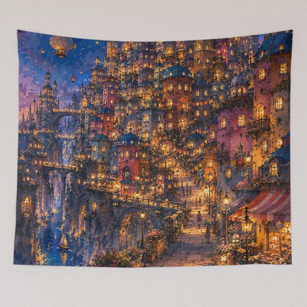 Item preview, Whimsical Night Fantasy City - Glowing Towers And Starry Sky With Airships designed and sold by Jozefin's Studio.