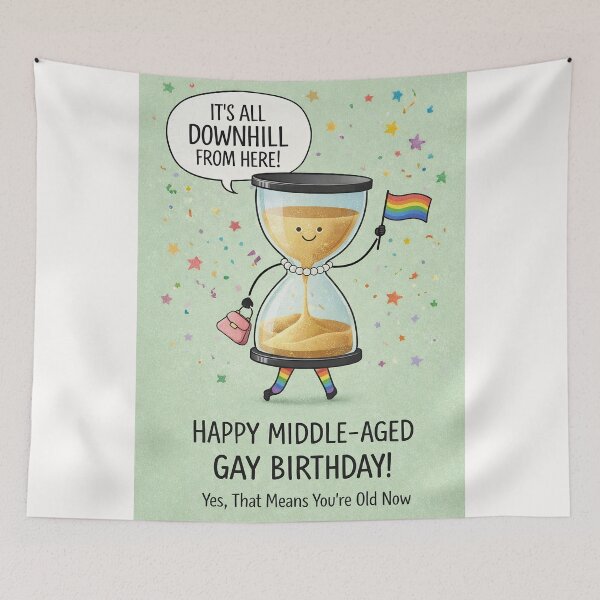 Item preview, Middle Aged Gay Birthday Humor with Rainbow Hourglass and Pride Celebration designed and sold by Places On Earth.