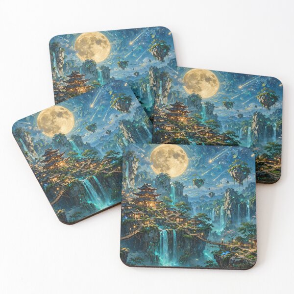 Item preview, Fantasy Full Moon Temple Mountain - Floating Islands And Blue Waterfalls Night designed and sold by Jozefin's Studio.