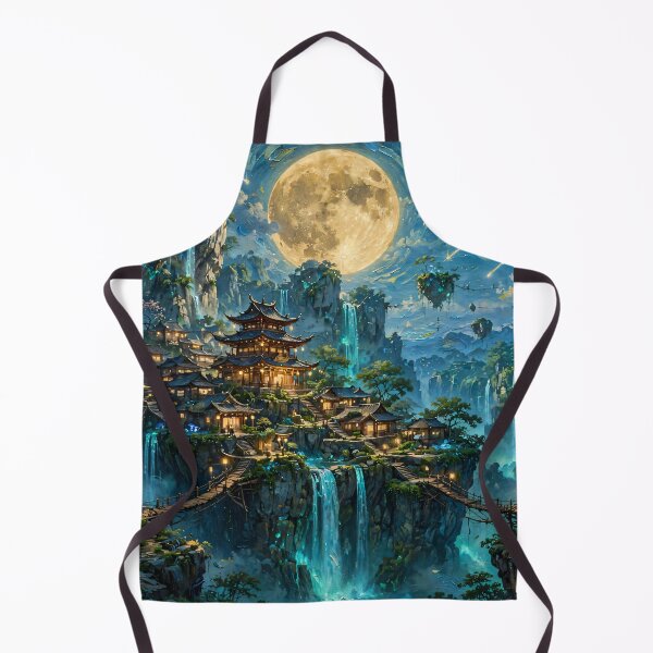 Item preview, Fantasy Full Moon Temple Mountain - Floating Islands And Blue Waterfalls Night designed and sold by Jozefin's Studio.