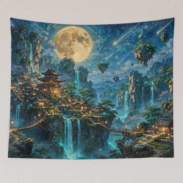 Item preview, Fantasy Full Moon Temple Mountain - Floating Islands And Blue Waterfalls Night designed and sold by Jozefin's Studio.