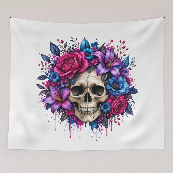 Artikelvorschau, Gothic-Blumenschädel in Blau, Rosa und Lila – Dunkle Fantasie entworfen und verkauft von ucpstudio.