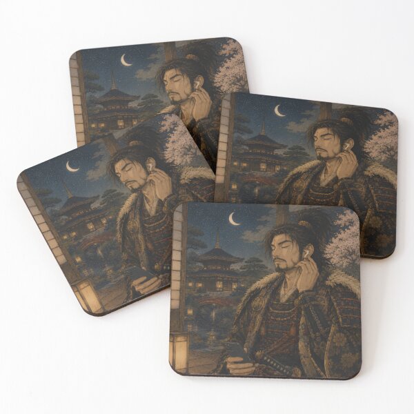 Item preview, Samurai Listening to Music – Japanese Warrior with Wireless Earbuds designed and sold by MirokuStudio.