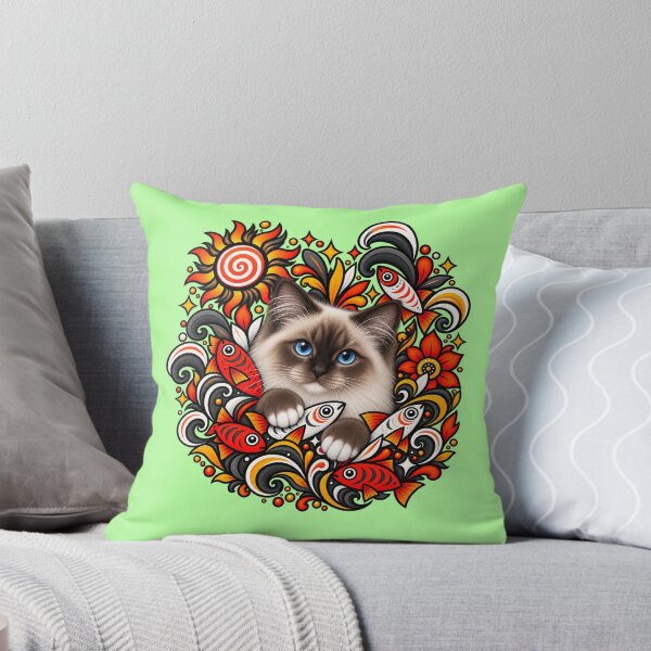 Item preview, Birman Cat Folk Art - Psychedelic Sun & Fishes Graphic Pattern designed and sold by PixelsPaws.